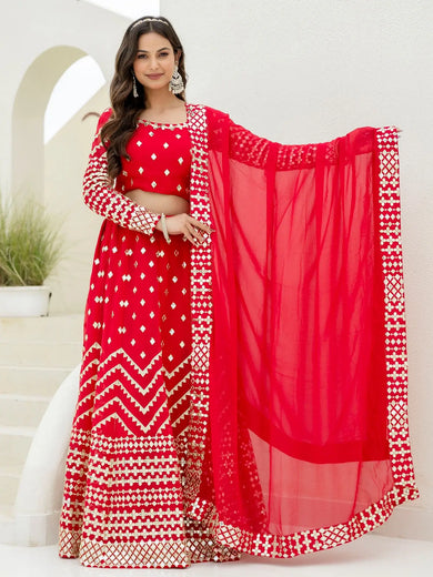 Desirable Red Georgette Foil Work Wedding Lehenga Choli